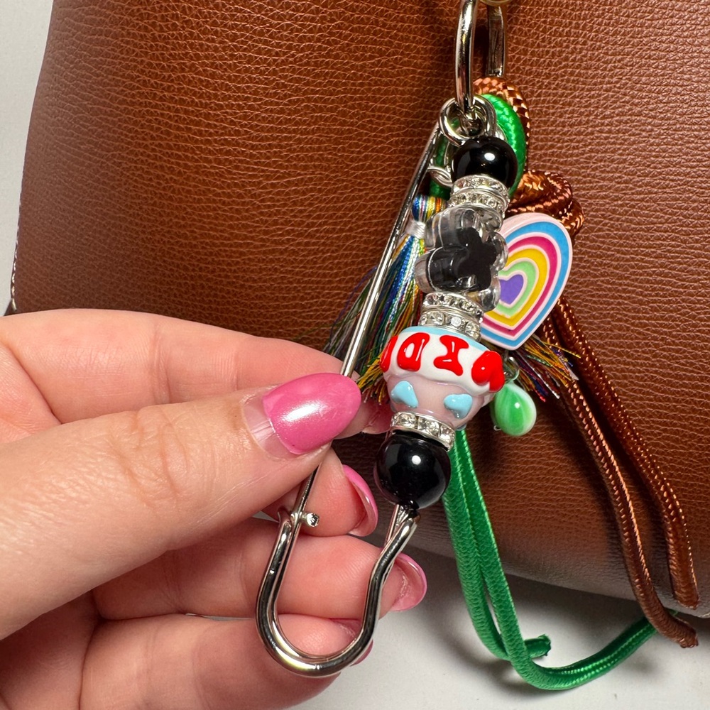 Boho Beaded LOVE Heart Bag Charm | Colorful Beads, Tassel & Rope Details - Picture 6 of 14